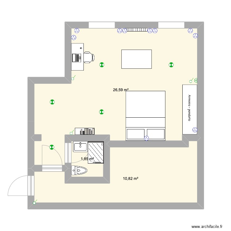 Chambre. Plan de 3 pièces et 39 m2