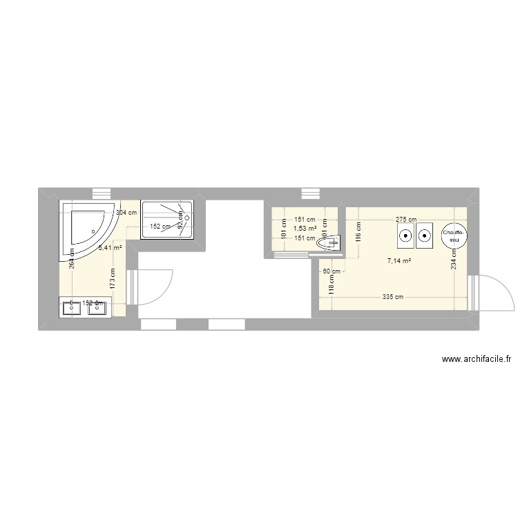 Buanderie. Plan de 3 pièces et 14 m2