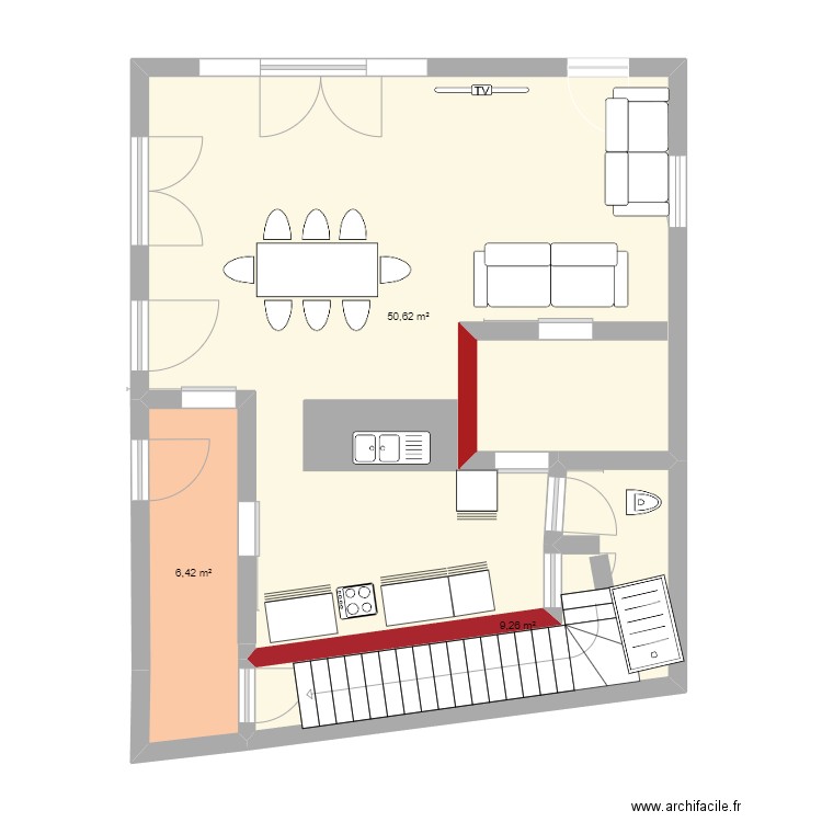 cuisine essai 2. Plan de 3 pièces et 66 m2