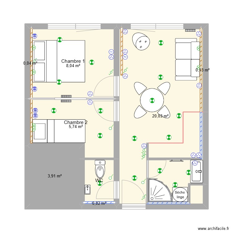 Olympiade 405. Plan de 8 pièces et 40 m2