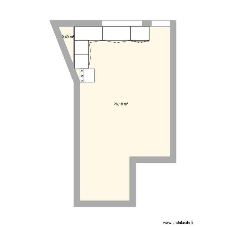 cuisine. Plan de 2 pièces et 27 m2