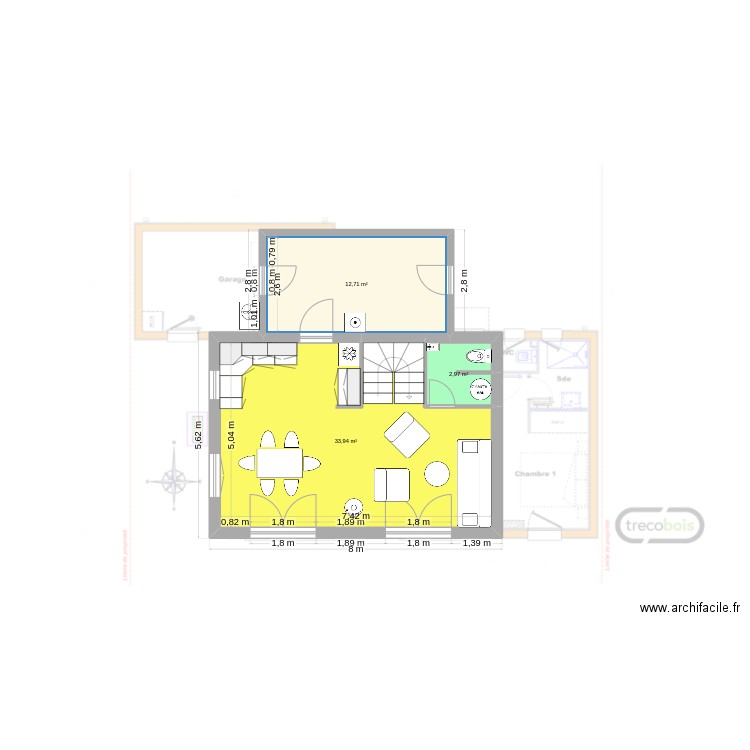 étage 3 ch. Plan de 9 pièces et 92 m2