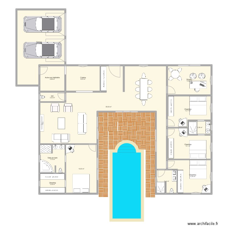 Plan maison 4 chambres. Plan de 14 pièces et 214 m2