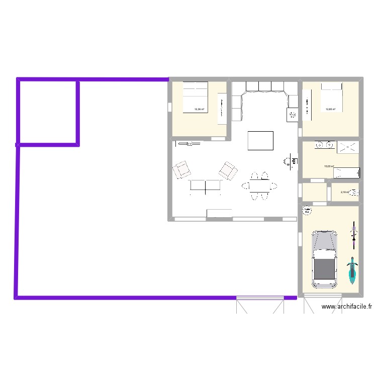 agrandissement garage maison. Plan de 5 pièces et 58 m2