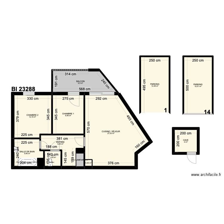 BI 23288. Plan de 14 pièces et 103 m2