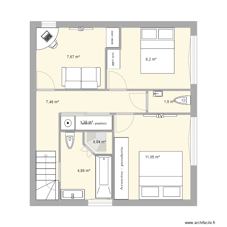 trinite 1er escalier projet 3. Plan de 8 pièces et 43 m2