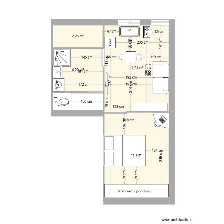 sous sol. Plan de 4 pièces et 29 m2