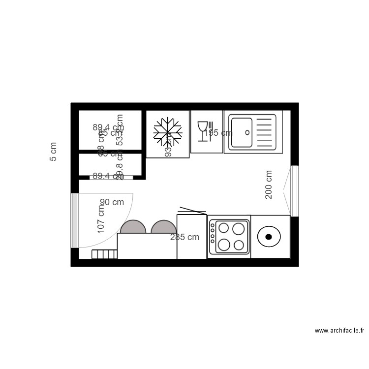 Cuisine Chrystelle. Plan de 2 pièces et 6 m2