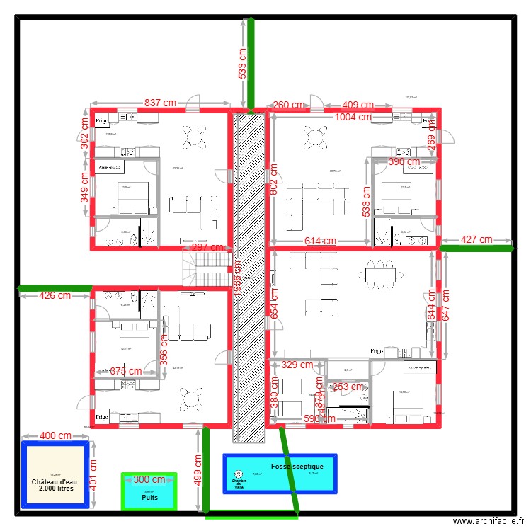 Terrain 3 + 1, château d'eau, fosse sceptique et puits Avec cotes. Plan de 23 pièces et 756 m2