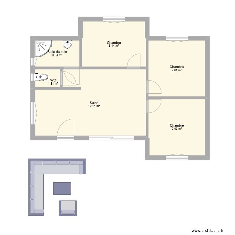 Deveil. Plan de 5 pièces et 48 m2