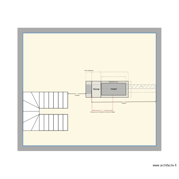 Cheminée. Plan de 1 pièce et 36 m2