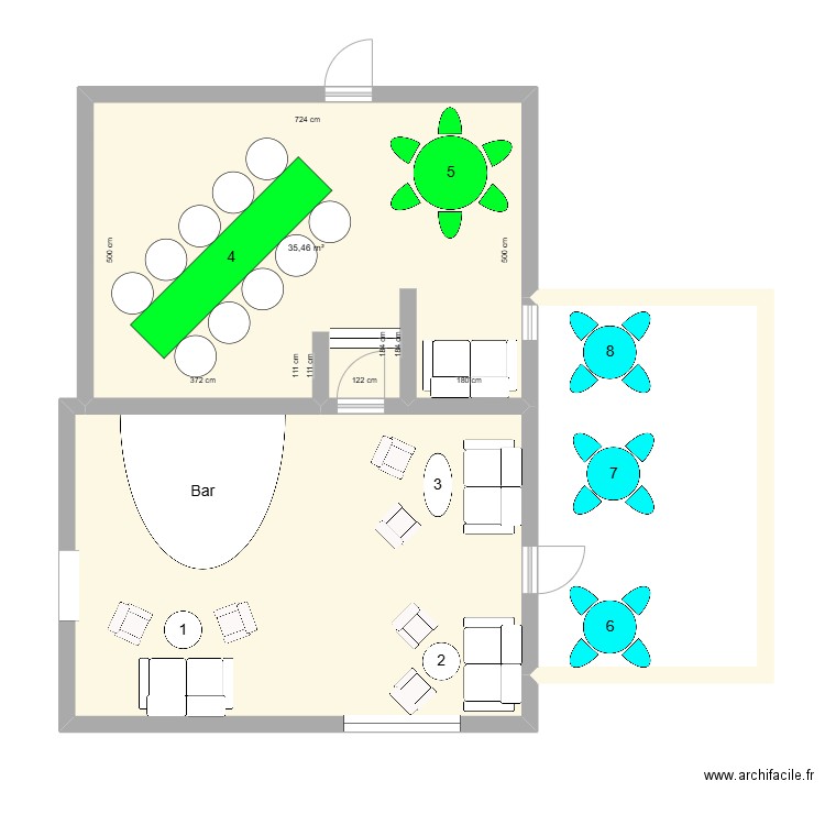 Salon de thé. Plan de 3 pièces et 97 m2