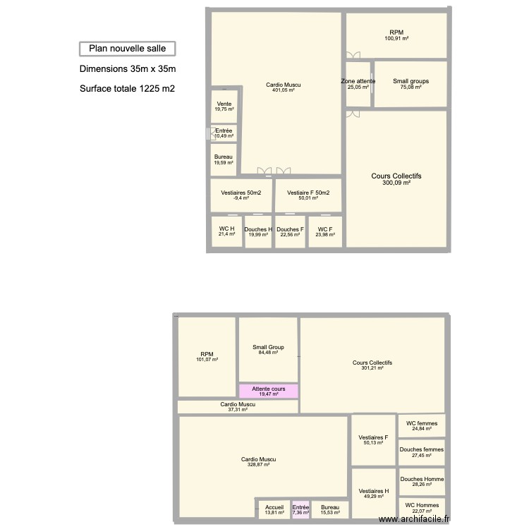 Plan salle nouvelle 35 x 35 m (1225 m2). Plan de 38 pièces et 2328 m2