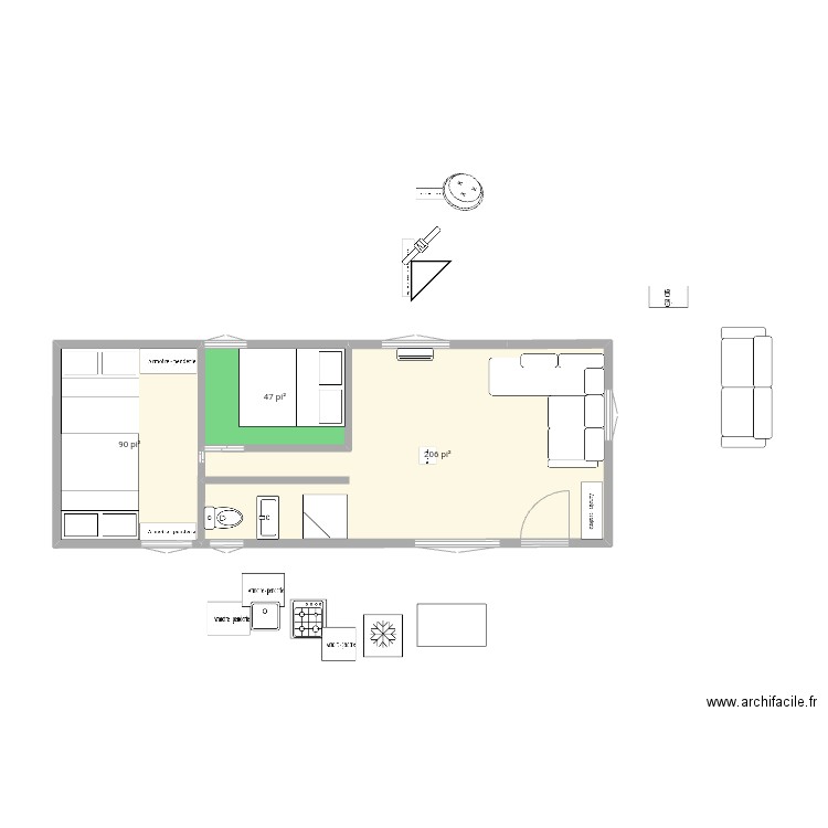 Version 1 chambre. Plan de 3 pièces et 32 m2