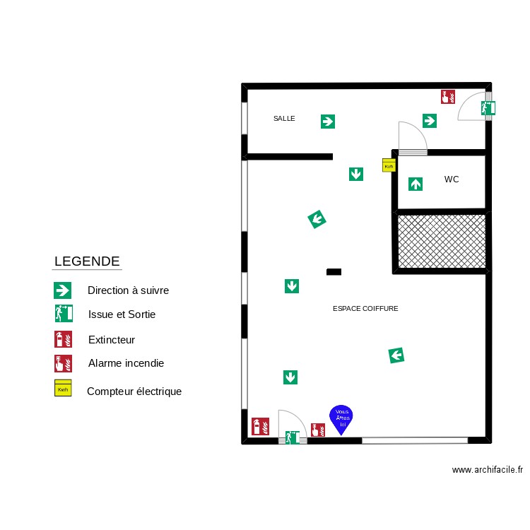 plan evacuation. Plan de 2 pièces et 8 m2