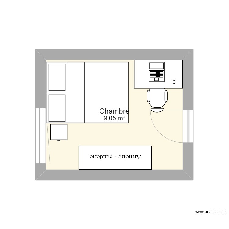 chambre. Plan de 1 pièce et 9 m2