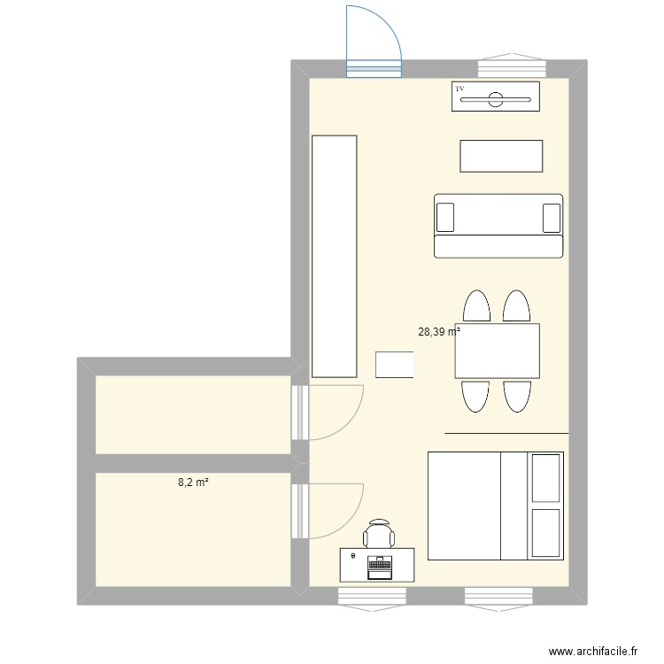 Flat. Plan de 2 pièces et 37 m2