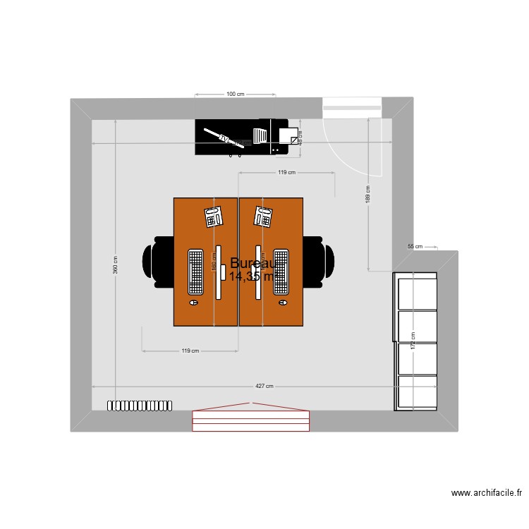 bureau. Plan de 1 pièce et 14 m2