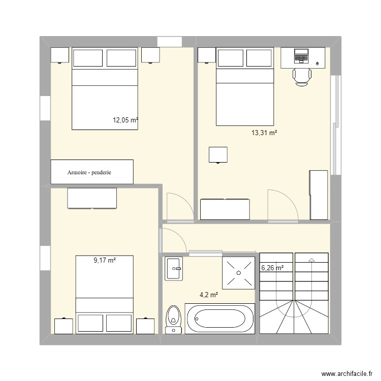 etage meuble. Plan de 5 pièces et 45 m2