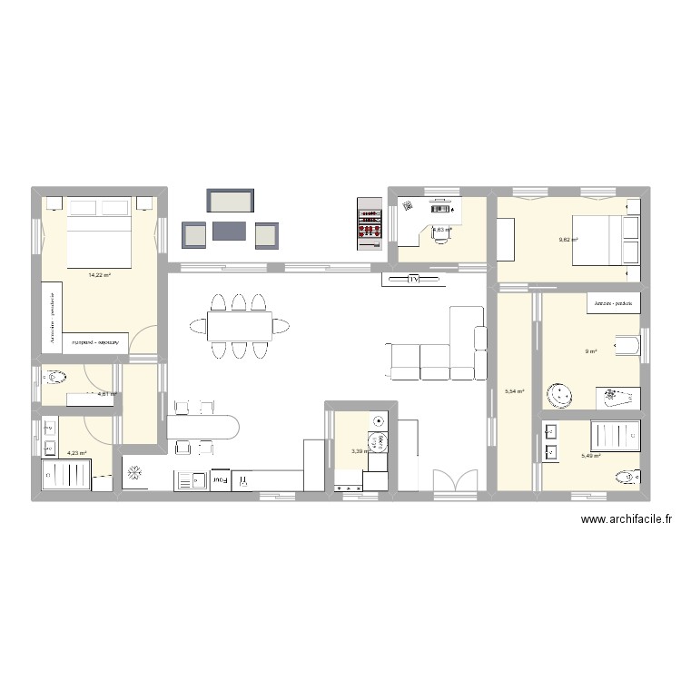 Maison 2. Plan de 9 pièces et 61 m2