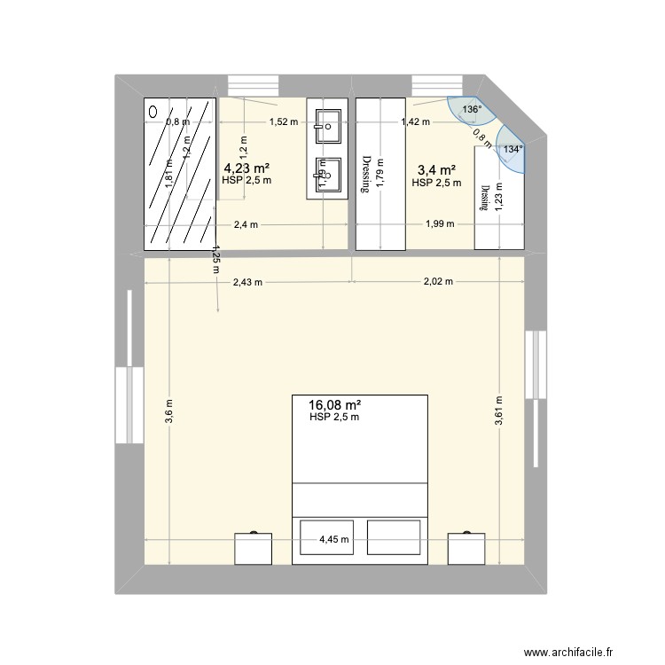 suite parentale. Plan de 3 pièces et 24 m2