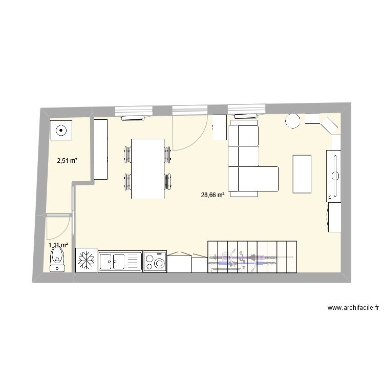 RDC. Plan de 3 pièces et 32 m2