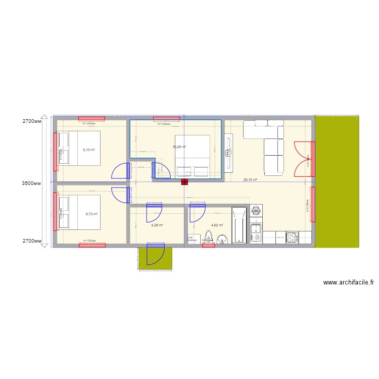 barn 3 спальни. Plan de 8 pièces et 75 m2