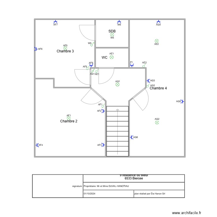 étage biercée. Plan de 6 pièces et 54 m2