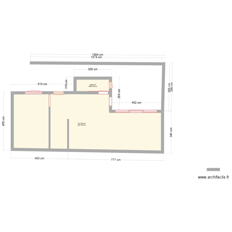 VOIEROMAINE. Plan de 2 pièces et 53 m2