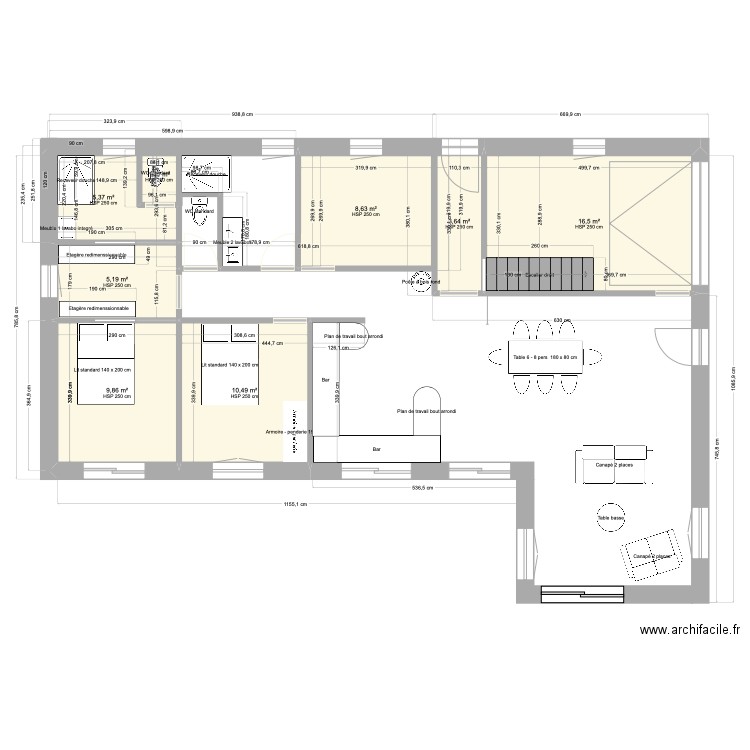 moi. Plan de 8 pièces et 61 m2