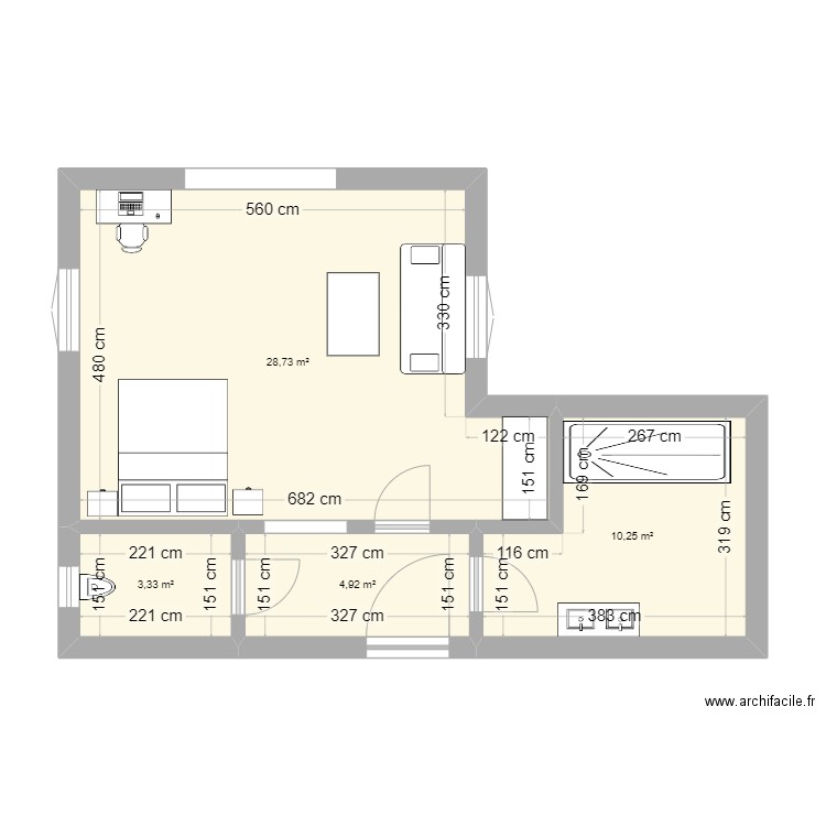 Studio 1er etage mana. Plan de 4 pièces et 47 m2