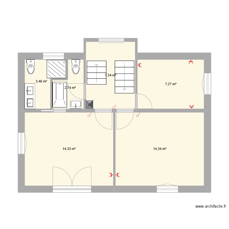 projet avec grande cage d'escalier 1er étage. Plan de 6 pièces et 49 m2