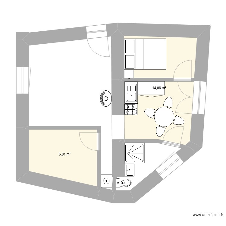 appart ausssois. Plan de 2 pièces et 21 m2