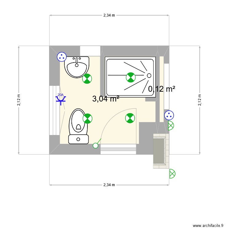 SdB rdc. Plan de 2 pièces et 3 m2