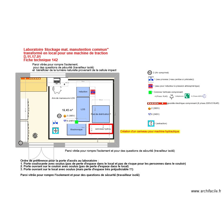 Fiche 142- Stockage mat. manutention commun - Version alternative pour machine d'essai  V1. Plan de 1 pièce et 19 m2