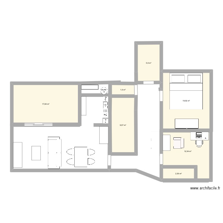 Appart 2. Plan de 7 pièces et 68 m2