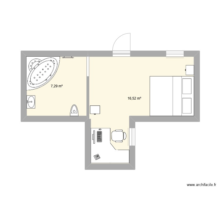 chambre. Plan de 2 pièces et 24 m2