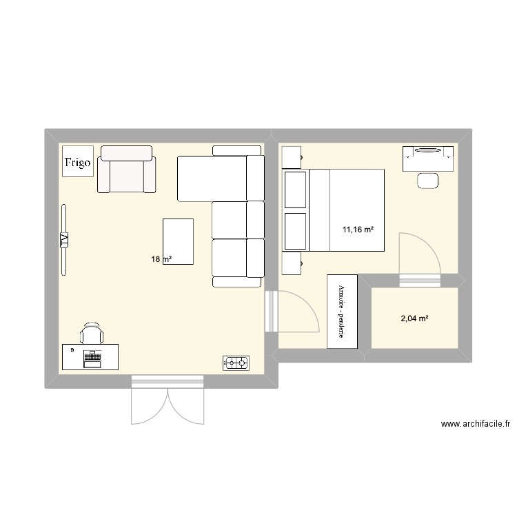 Chambre Salon Douche 7,5m x 4,5. Plan de 3 pièces et 31 m2