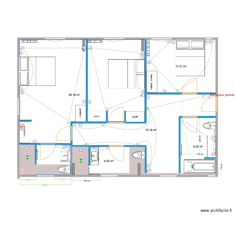 PLAN ELEC CHAMBRES GAUCHE 2. Plan de 5 pièces et 76 m2