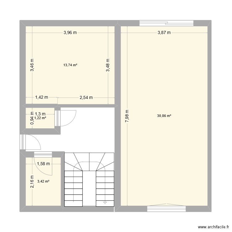 Etage cuisine. Plan de 4 pièces et 49 m2