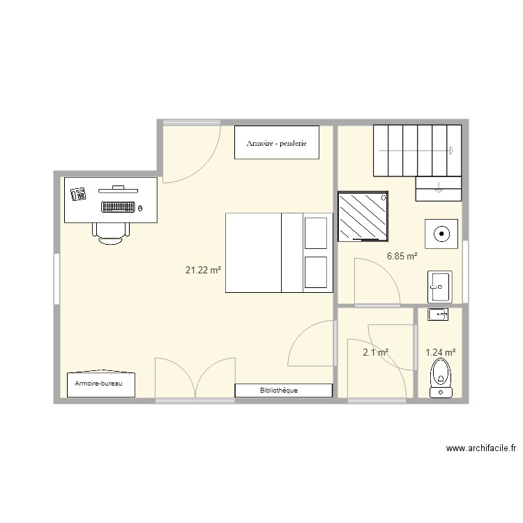 Chambre RDC. Plan de 4 pièces et 31 m2