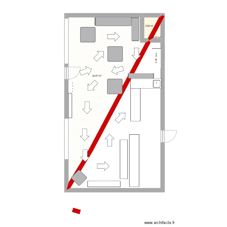 Magasin. Plan de 3 pièces et 34 m2