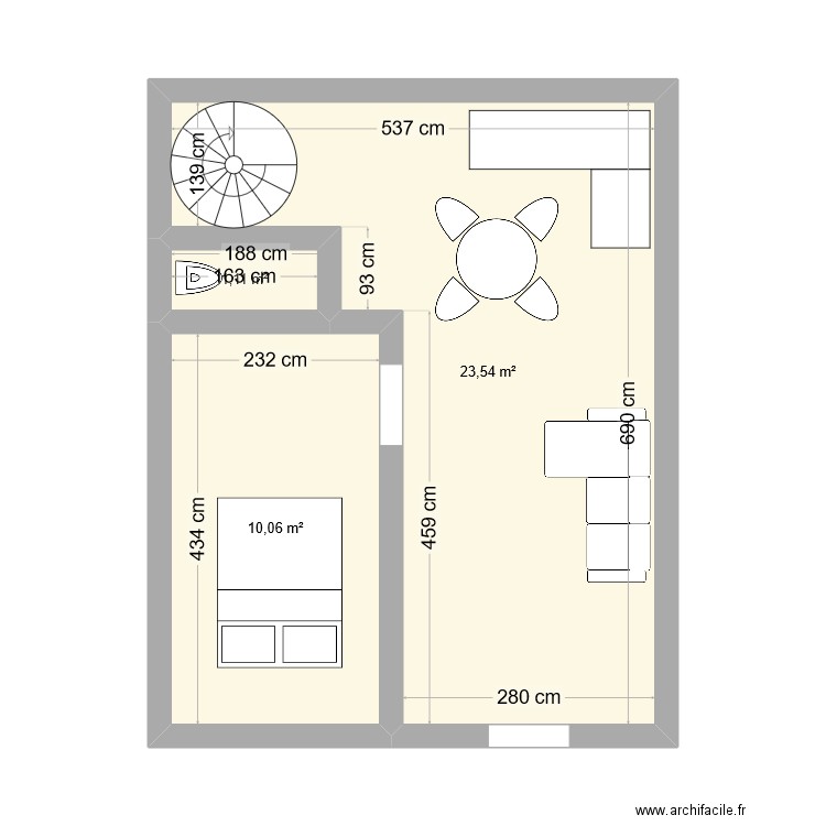 RDC. Plan de 3 pièces et 35 m2