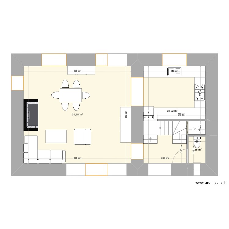 rdc maison. Plan de 3 pièces et 54 m2