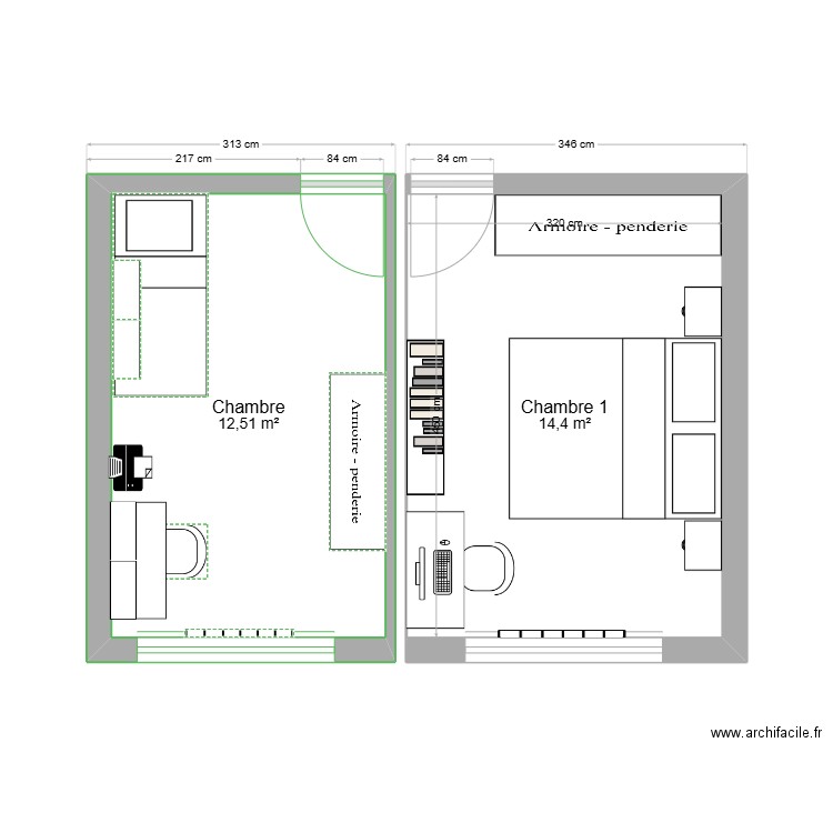 Chambre amis. Plan de 2 pièces et 27 m2