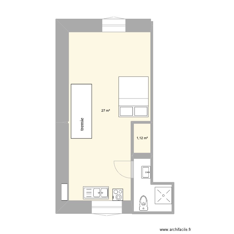 STUDIO GDE MAISON ARIANE  chambre sur cour. Plan de 2 pièces et 28 m2