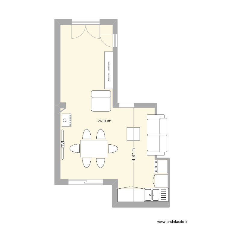 Garluche cuisine chambre v1. Plan de 1 pièce et 27 m2