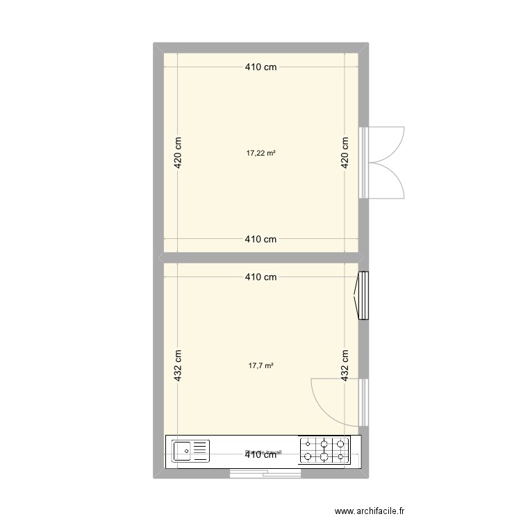 Batiment. Plan de 2 pièces et 35 m2