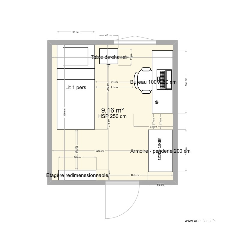 Chambre aaron V1. Plan de 1 pièce et 9 m2