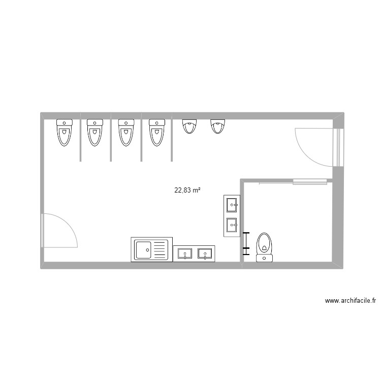Toilettes PMR. Plan de 1 pièce et 23 m2